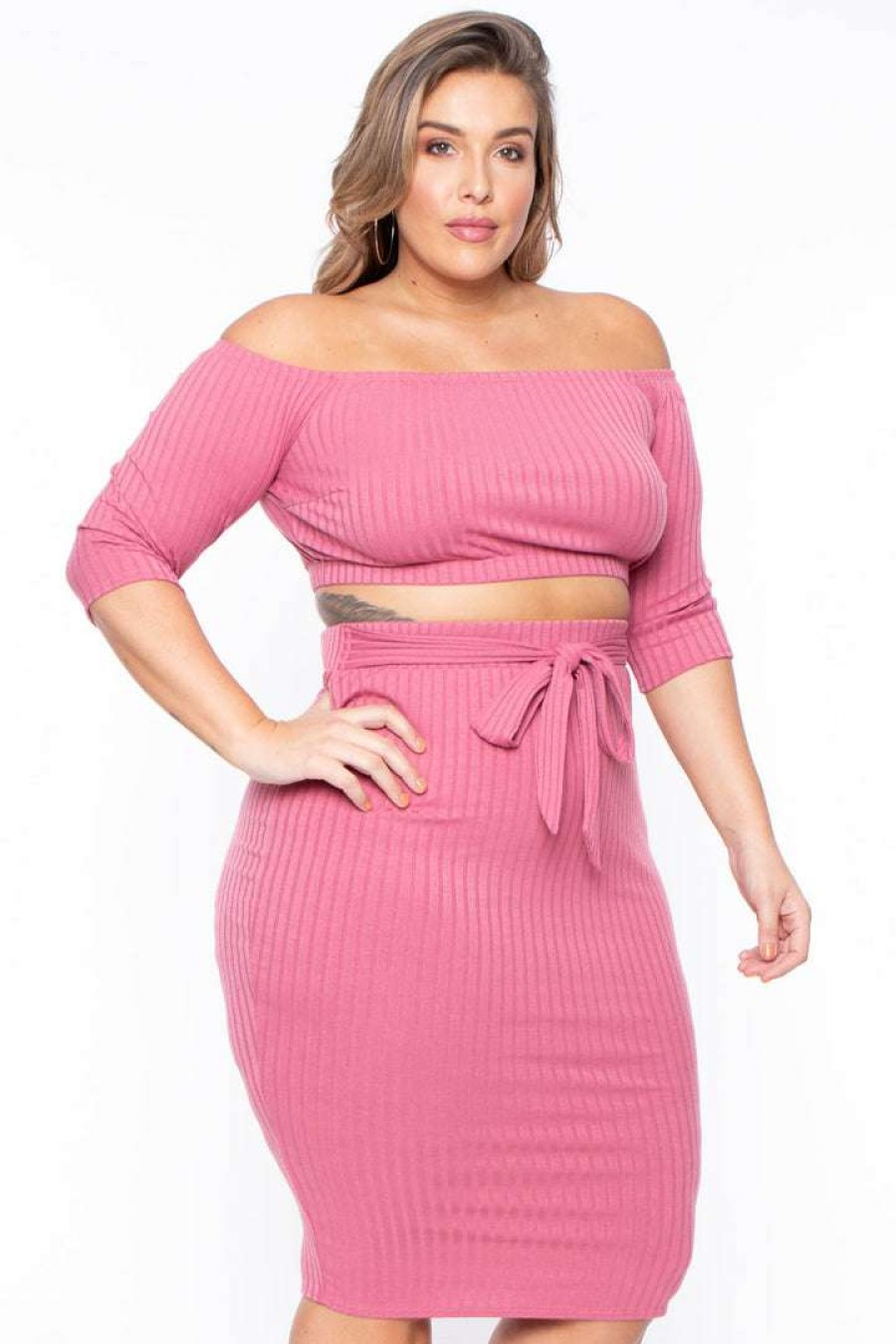 Sets * | Curvy Sense Matching Sets Plus Size Off The Shoulder Matching Set Mauve