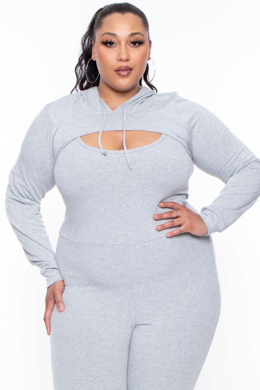 Sets * | Curvy Sense Plus Size Essential Cut Out Hoodie Essential Mix Heather Grey