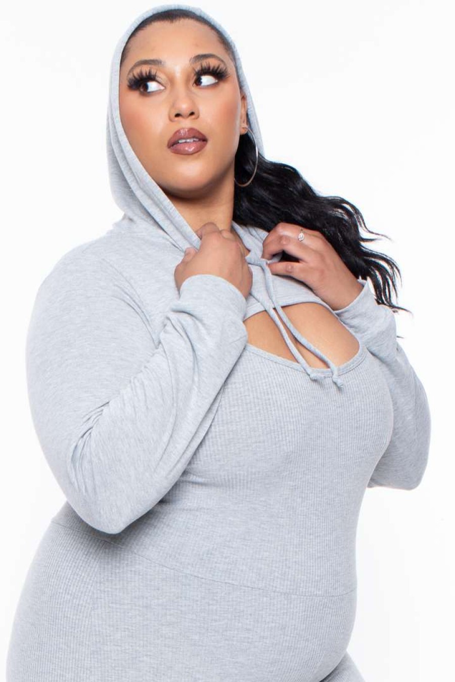 Sets * | Curvy Sense Plus Size Essential Cut Out Hoodie Essential Mix Heather Grey