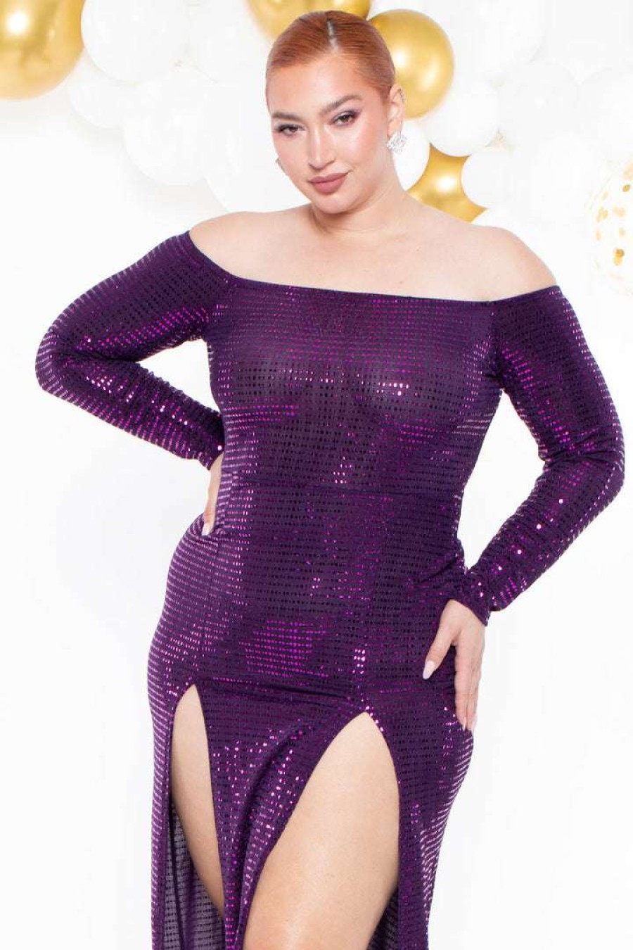 Dresses * | Curvy Sense Plus Size Hannah Sequins Slit Dress Purple