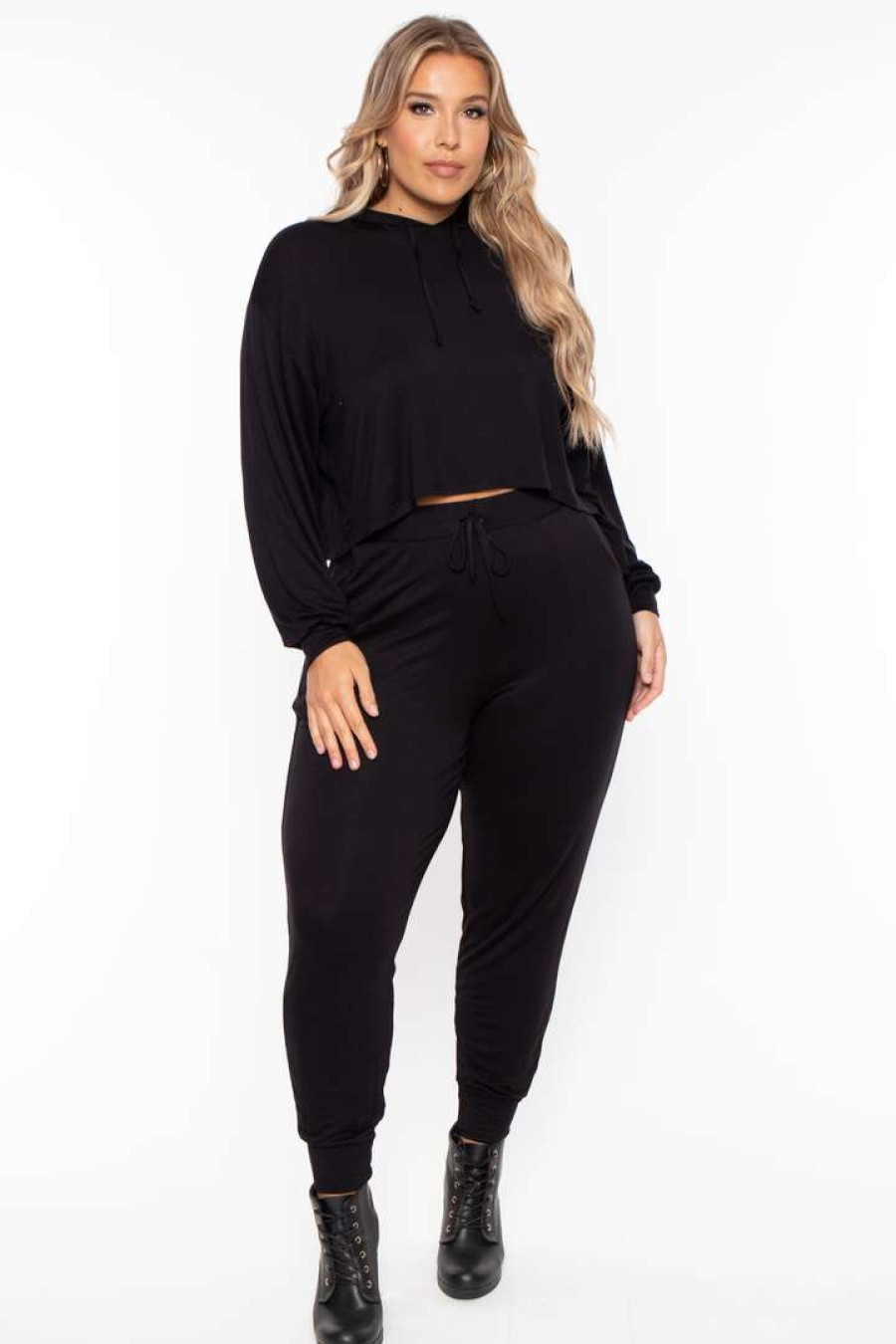 Sets * | Curvy Sense Plus Size Rachel Hoodie & Jogger Set Matching Sets Black