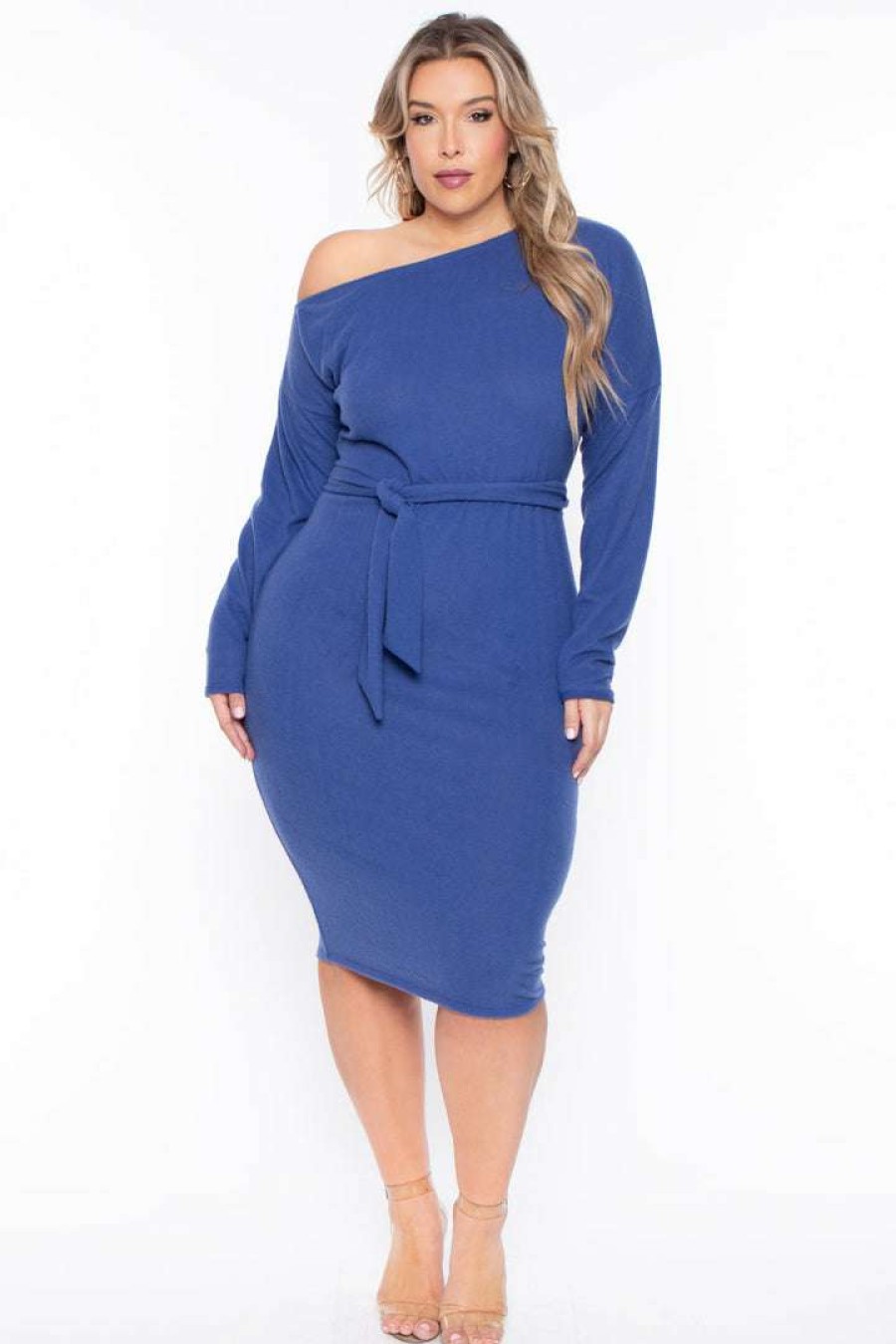 Dresses * | Curvy Sense Plus Size Vivien Asymmetric Off The Shoulder Dress Blue