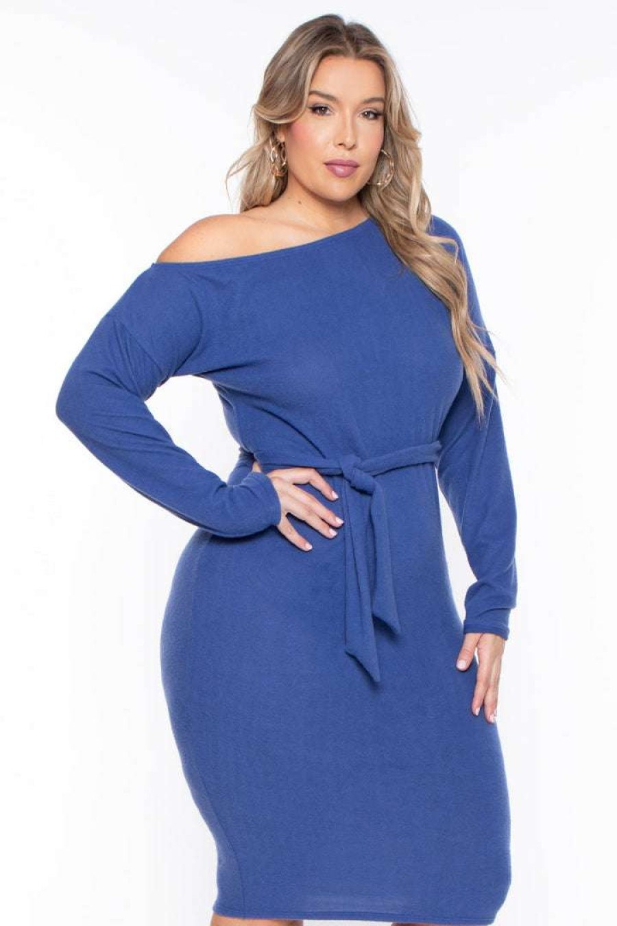 Dresses * | Curvy Sense Plus Size Vivien Asymmetric Off The Shoulder Dress Blue