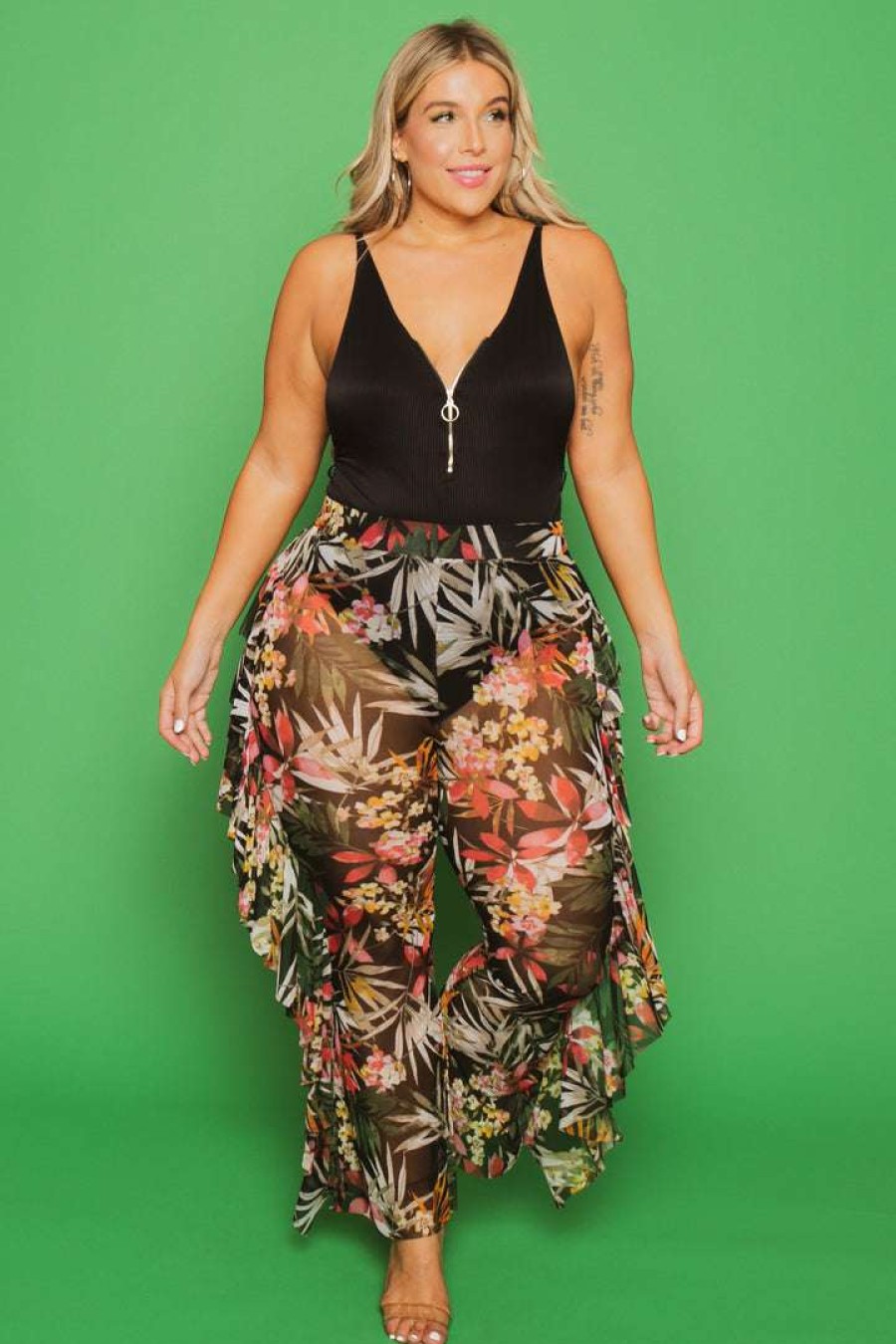 Bottoms * | Curvy Sense New Arrivals Plus Size Tropical Mesh Ruffle Pants Black