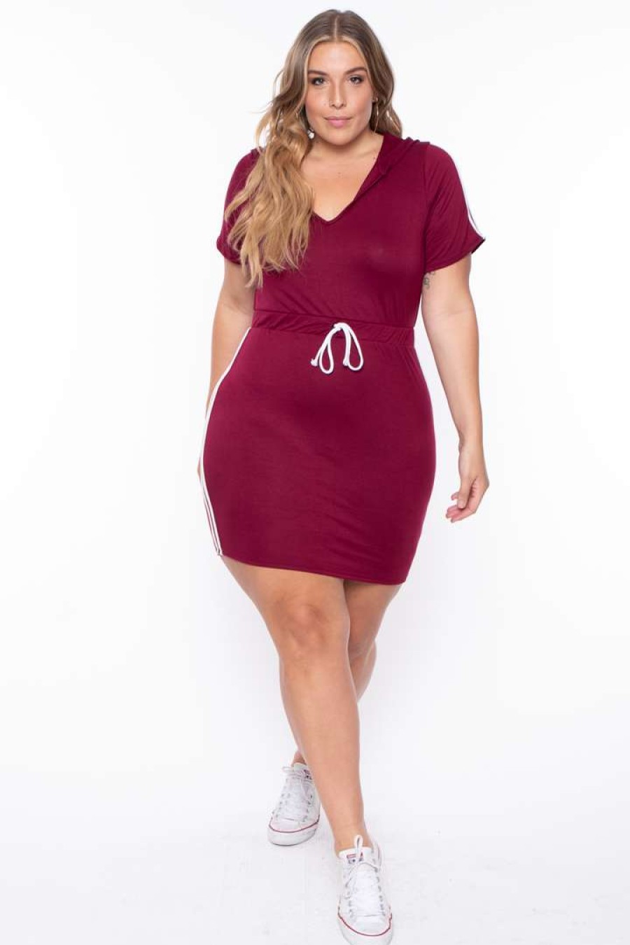 Dresses * | Curvy Sense Plus Size Sporty Varsity Stripe Hoodie Dress Burgundy