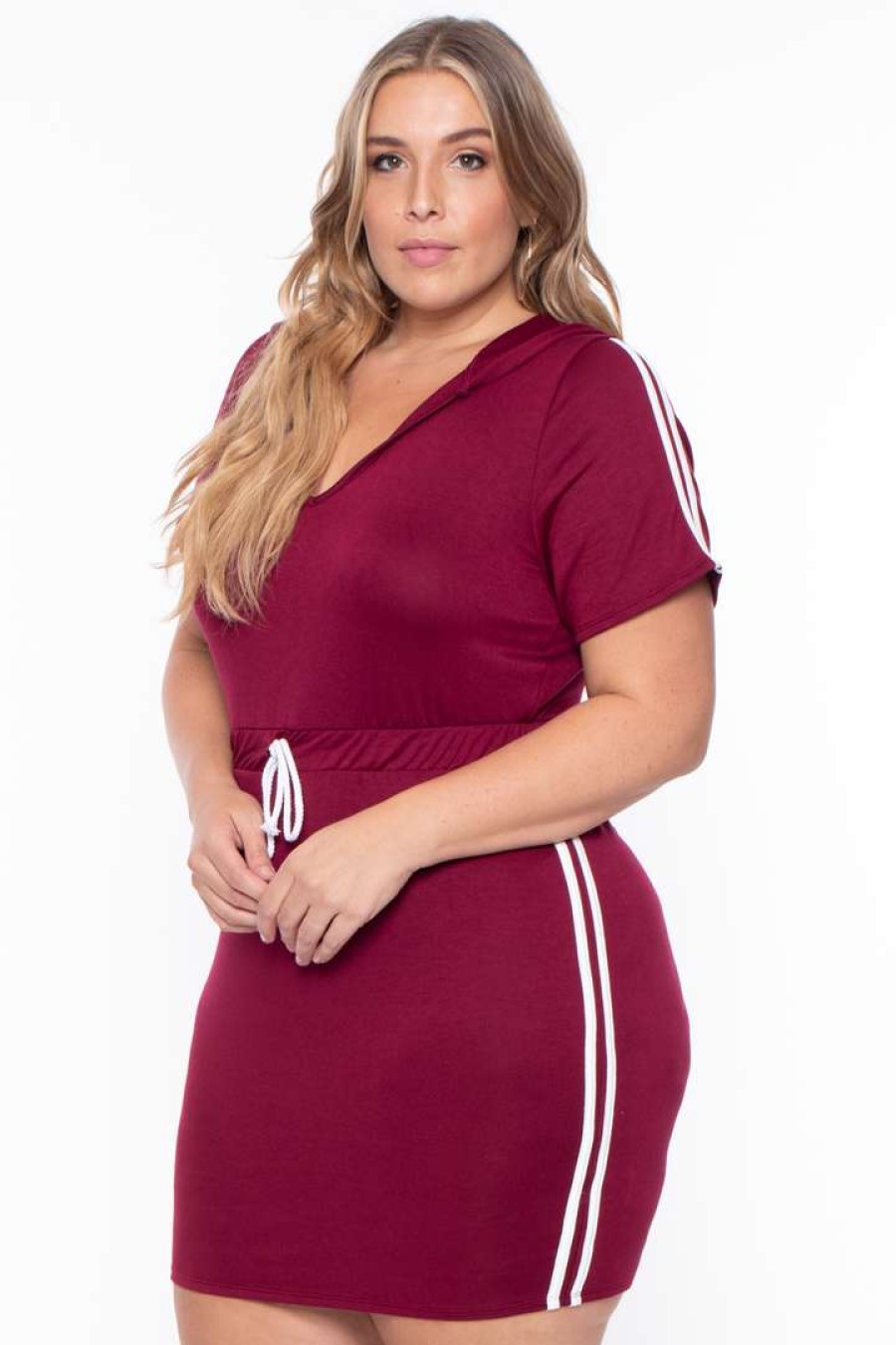 Dresses * | Curvy Sense Plus Size Sporty Varsity Stripe Hoodie Dress Burgundy