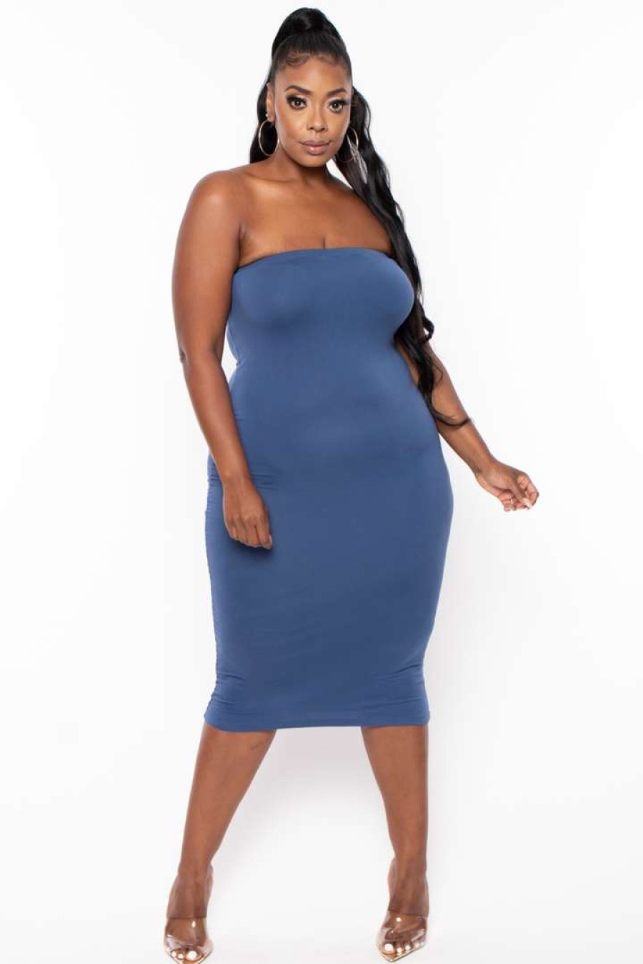 Dresses * | Capella Dresses Plus Size Elsie Basic Tube Midi Dress Steel Blue Blue Haze