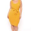 Dresses * | Curvy Sense Plus Size Sarai Belted Ribbed Dress Mustard