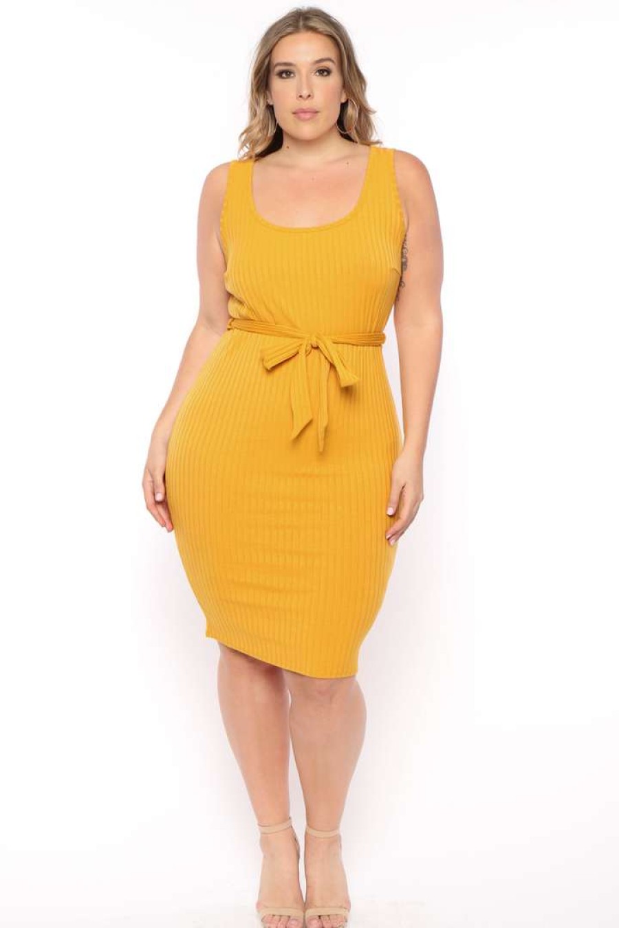 Dresses * | Curvy Sense Plus Size Sarai Belted Ribbed Dress Mustard