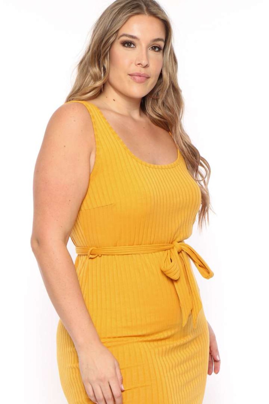 Dresses * | Curvy Sense Plus Size Sarai Belted Ribbed Dress Mustard