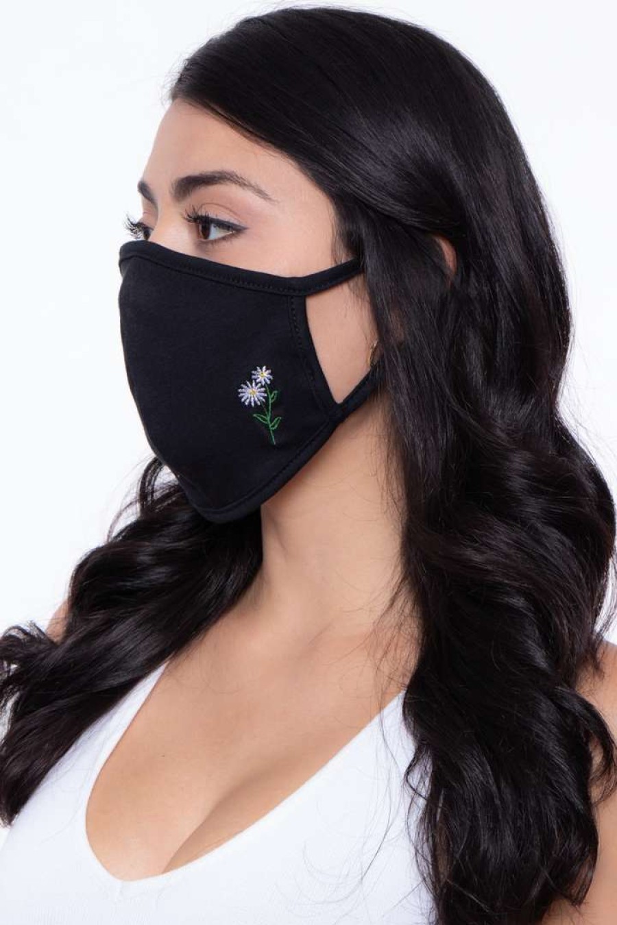 Accessories * | Curvy Sense Washable & Reusable Embroidered Face Mask Flower Face Masks Black