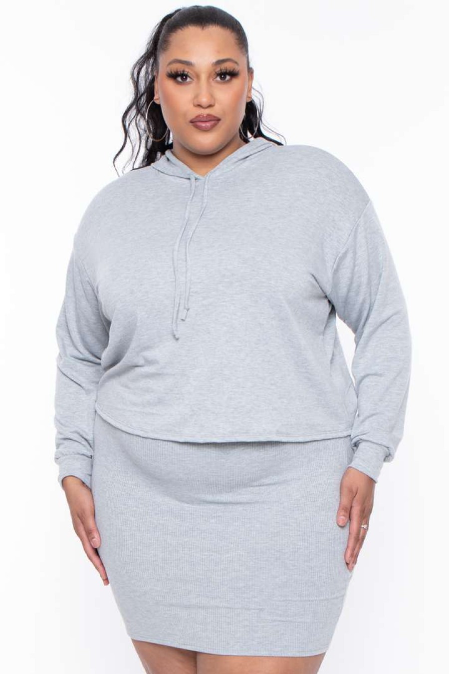 Sets * | Curvy Sense Plus Size Essential Cropped Hoodie Heather Grey