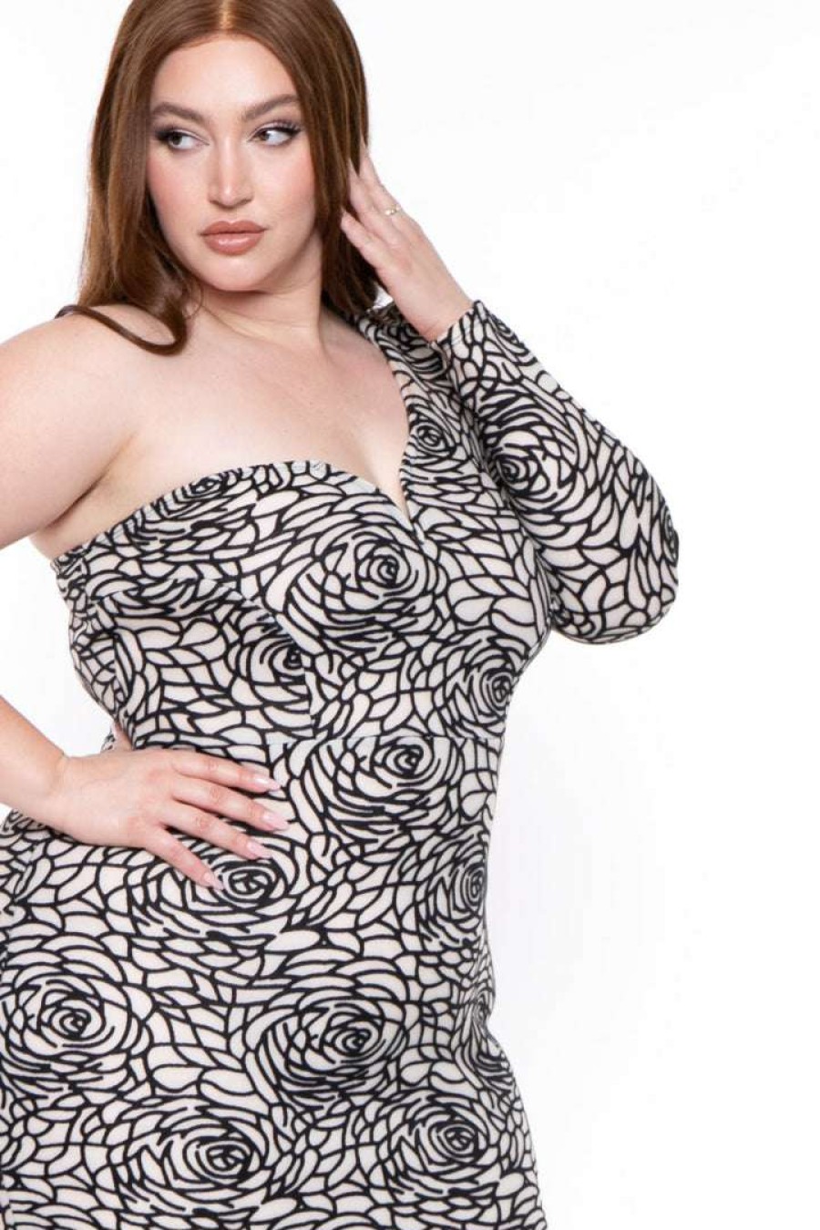 Dresses * | Curvy Sense Plus Size Asymmetrical Shoulder Rose Dress Black/White