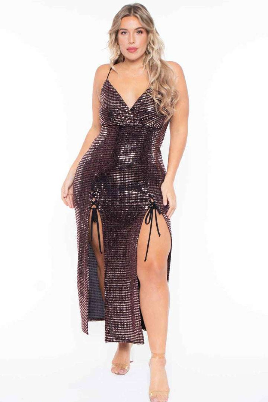 Dresses * | Curvy Sense Plus Size Melissa Sequins M-Slit Dress Most Loved Rose Gold