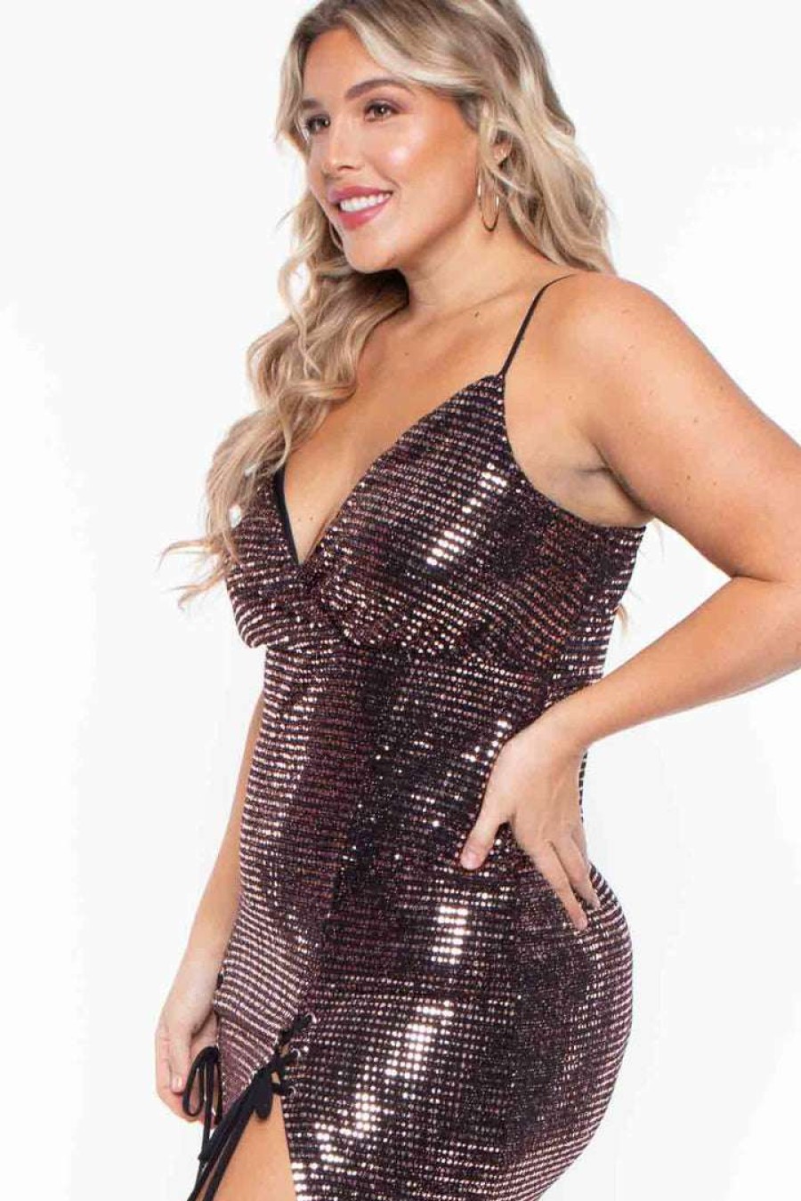 Dresses * | Curvy Sense Plus Size Melissa Sequins M-Slit Dress Most Loved Rose Gold