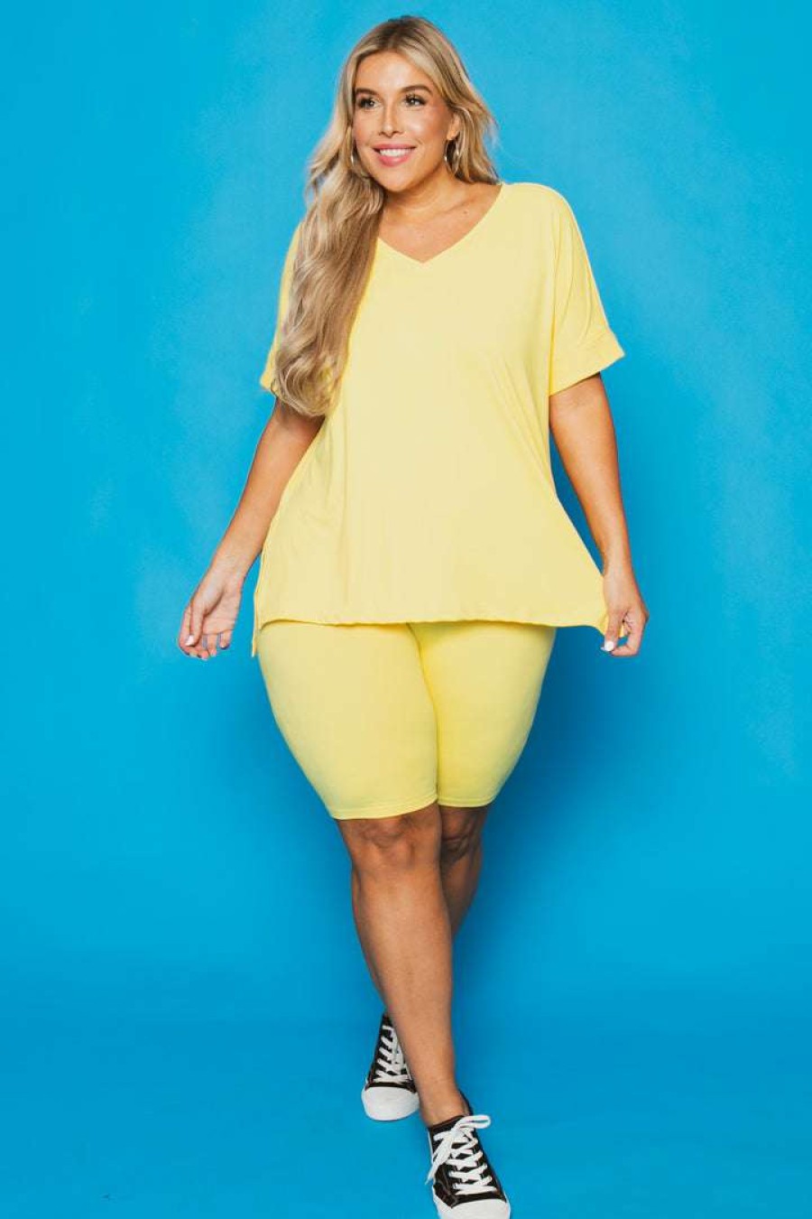 Sets * | Zenana Plus Size Lexa Tee And Biker Short Set New Arrivals Yellow