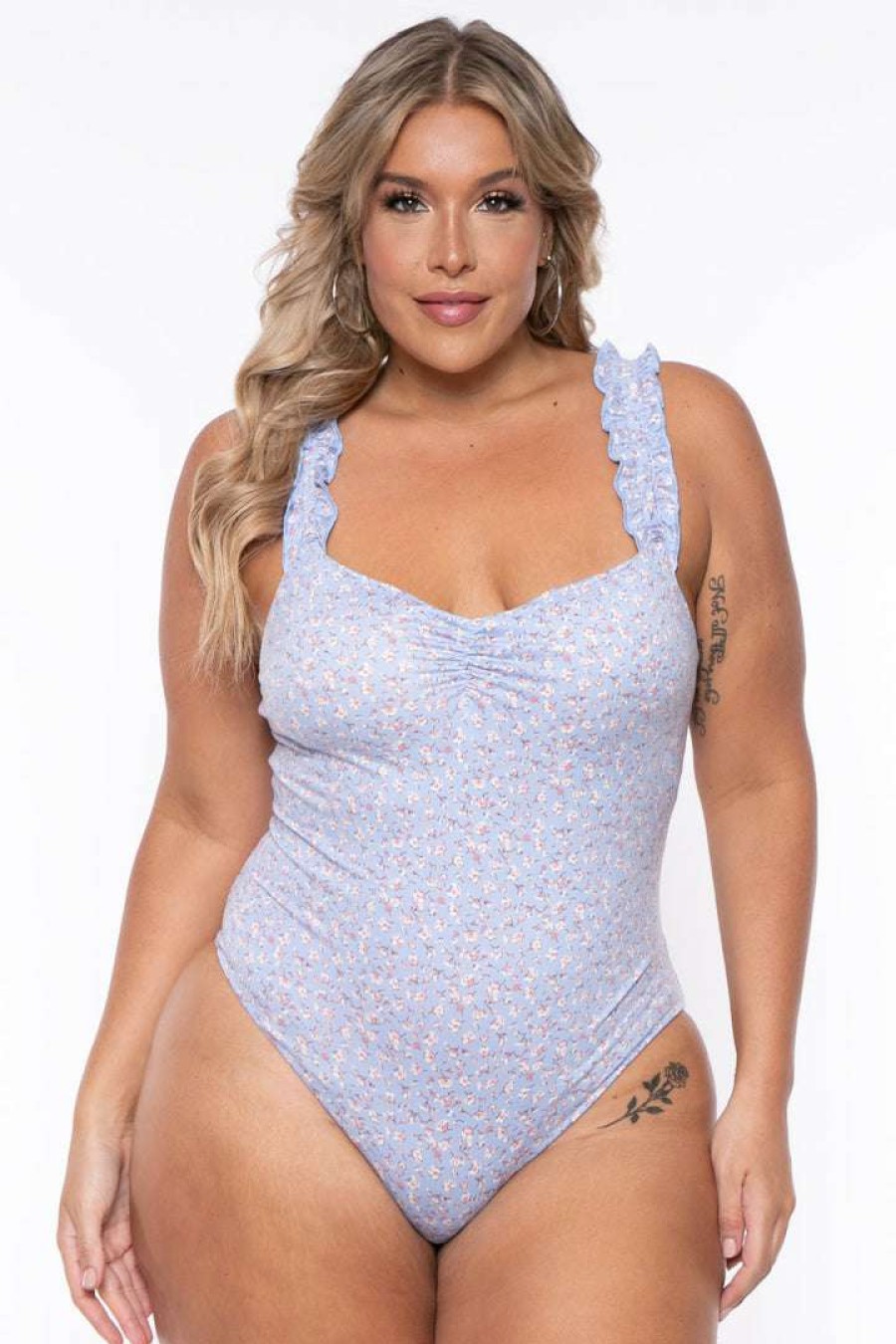 Tops * | Haute Monde New Arrivals Plus Size Ana Floral Bodysuit Blue