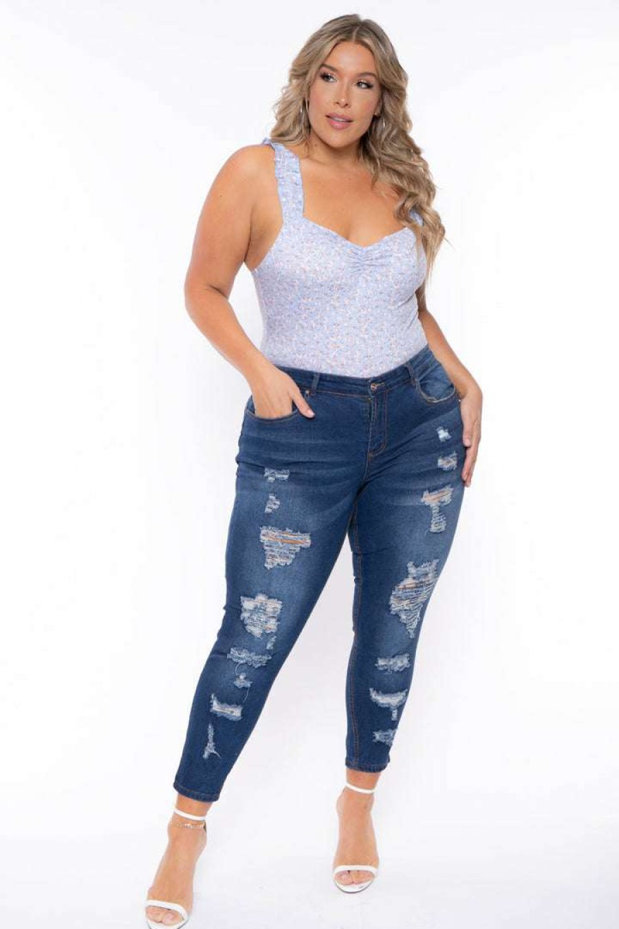 Tops * | Haute Monde New Arrivals Plus Size Ana Floral Bodysuit Blue