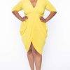 Dresses * | Solid Dresses Plus Size Clarissa Asymmetric Drape Dress Yellow