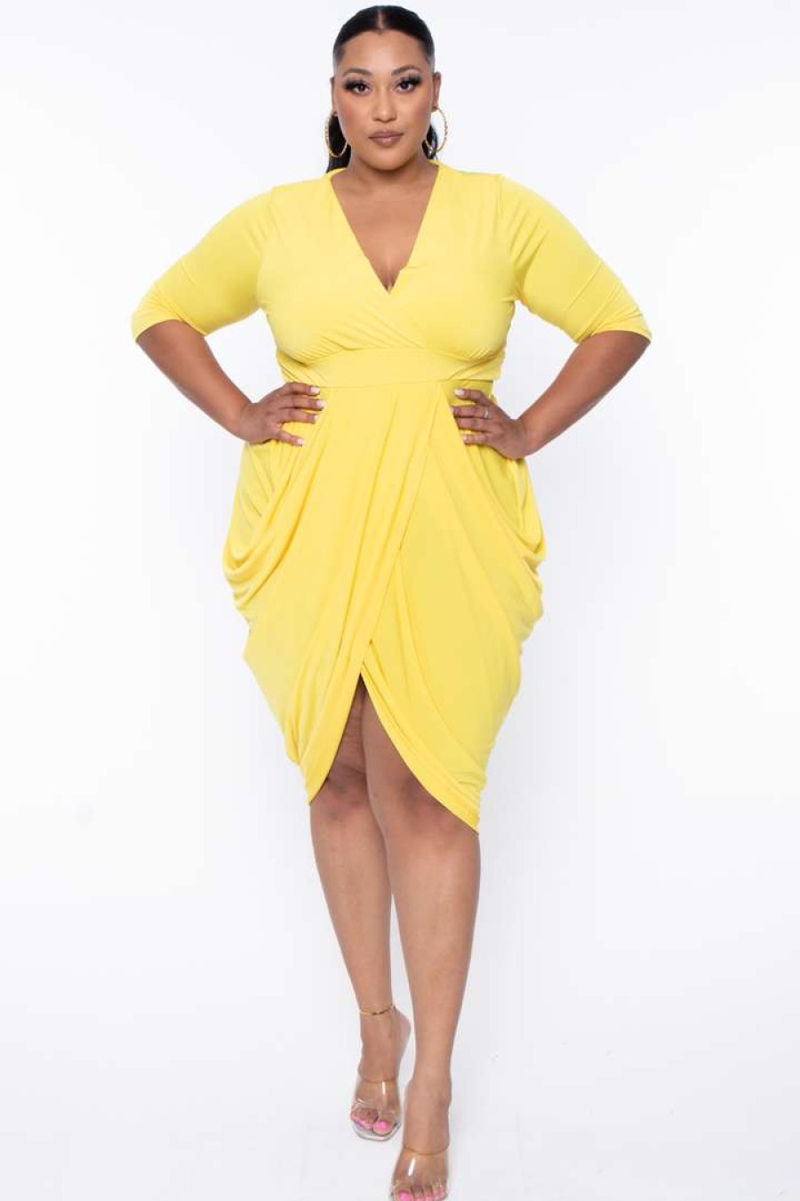 Dresses * | Solid Dresses Plus Size Clarissa Asymmetric Drape Dress Yellow