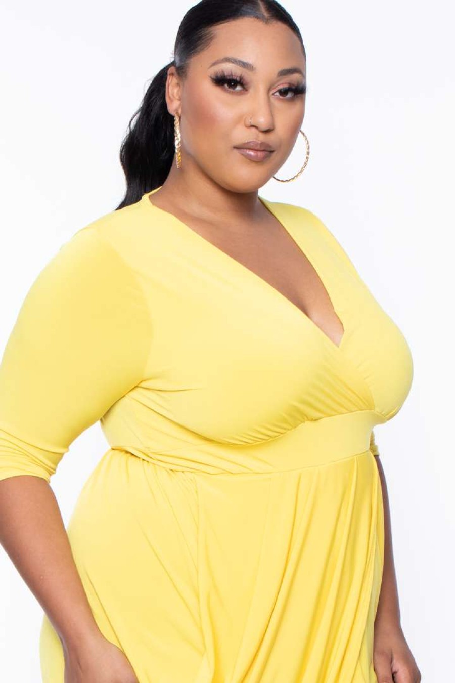 Dresses * | Solid Dresses Plus Size Clarissa Asymmetric Drape Dress Yellow