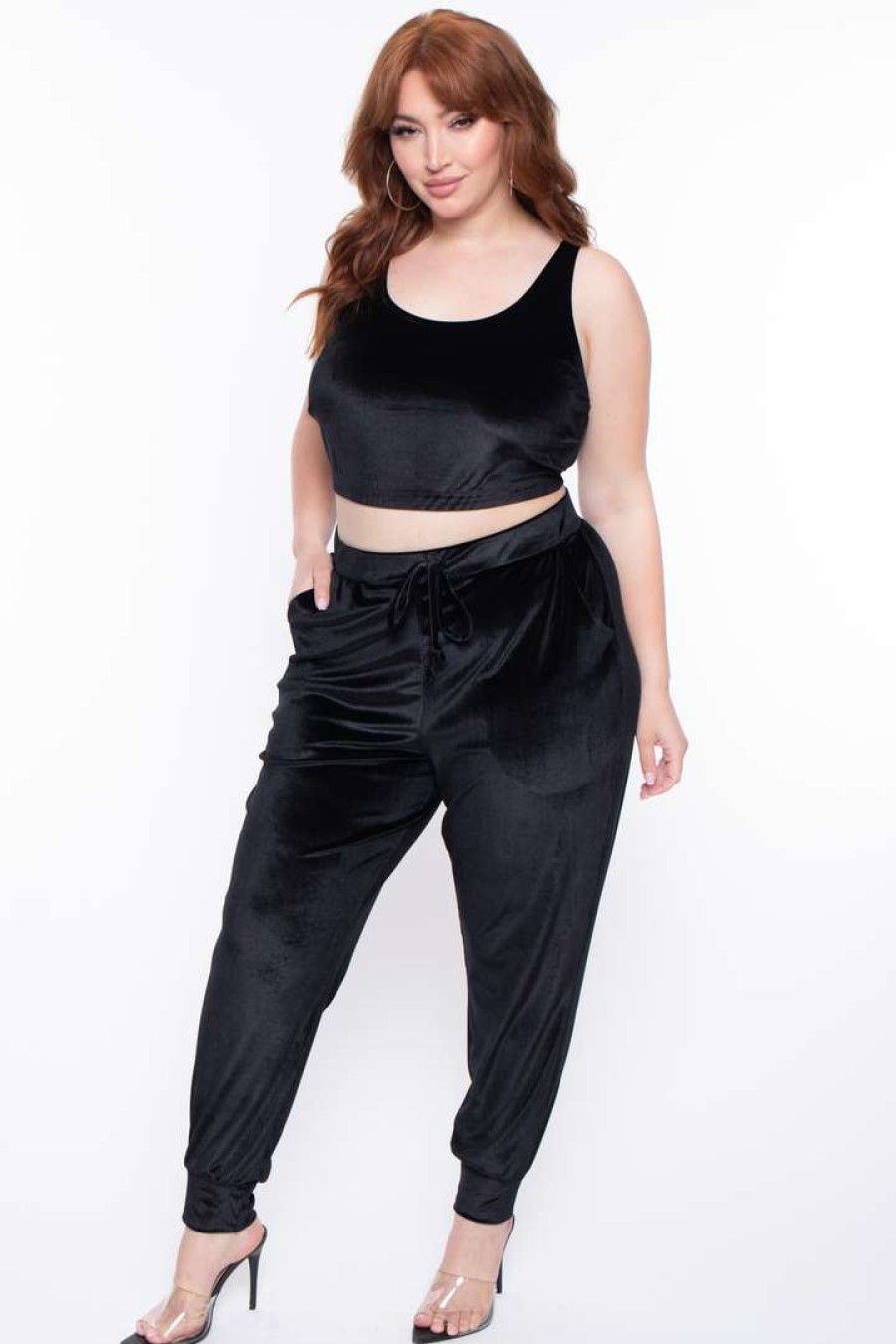 Sets * | Curvy Sense Matching Sets Plus Size Gaby Velour Tank & Jogger Set Black