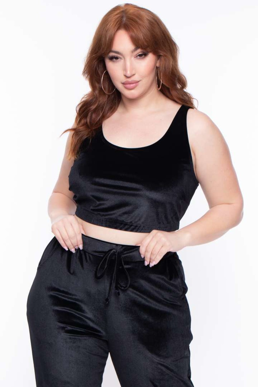 Sets * | Curvy Sense Matching Sets Plus Size Gaby Velour Tank & Jogger Set Black