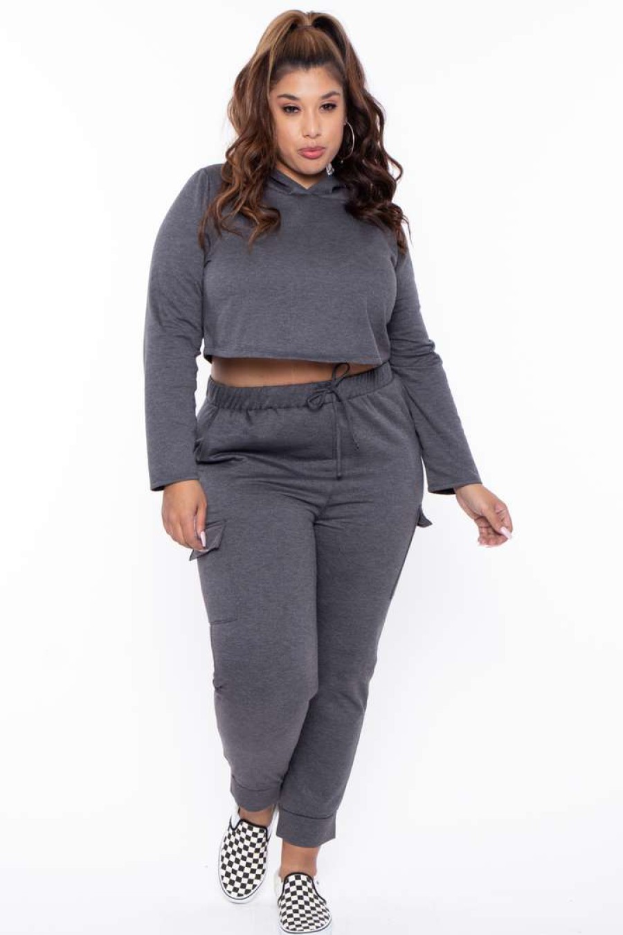 Sets * | Curvy Sense Plus Size Crop Hoodie & Jogger Set Charcoal