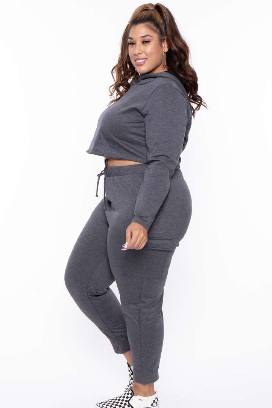 Sets * | Curvy Sense Plus Size Crop Hoodie & Jogger Set Charcoal