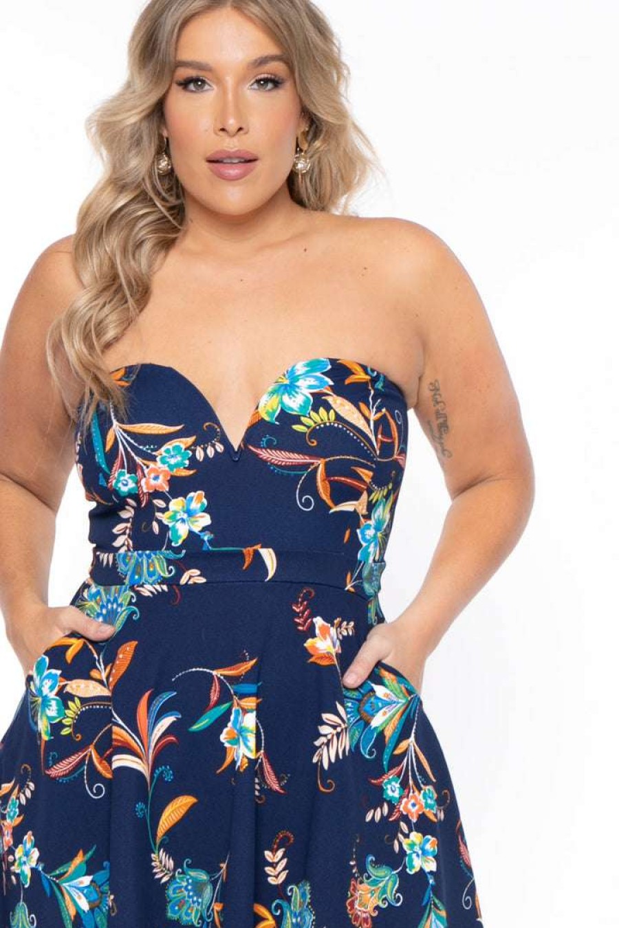 Dresses * | Curvy Sense New Arrivals Plus Size Kaila Floral Dress Blue