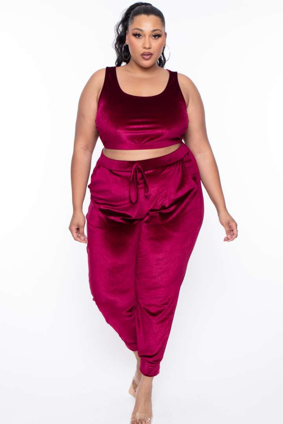 Sets * | Curvy Sense Plus Size Gaby Velour Tank & Jogger Set Matching Sets Burgundy