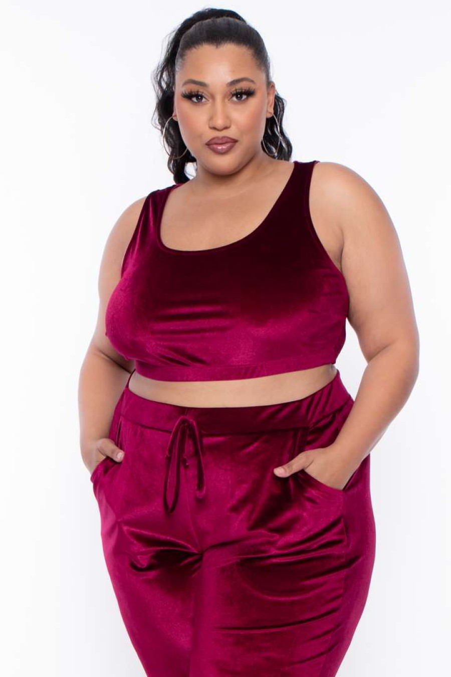 Sets * | Curvy Sense Plus Size Gaby Velour Tank & Jogger Set Matching Sets Burgundy