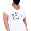 Sets * | Curvy Sense Plus Size Graphic "Social Distancing" Tee & Mask Set Matching Sets White