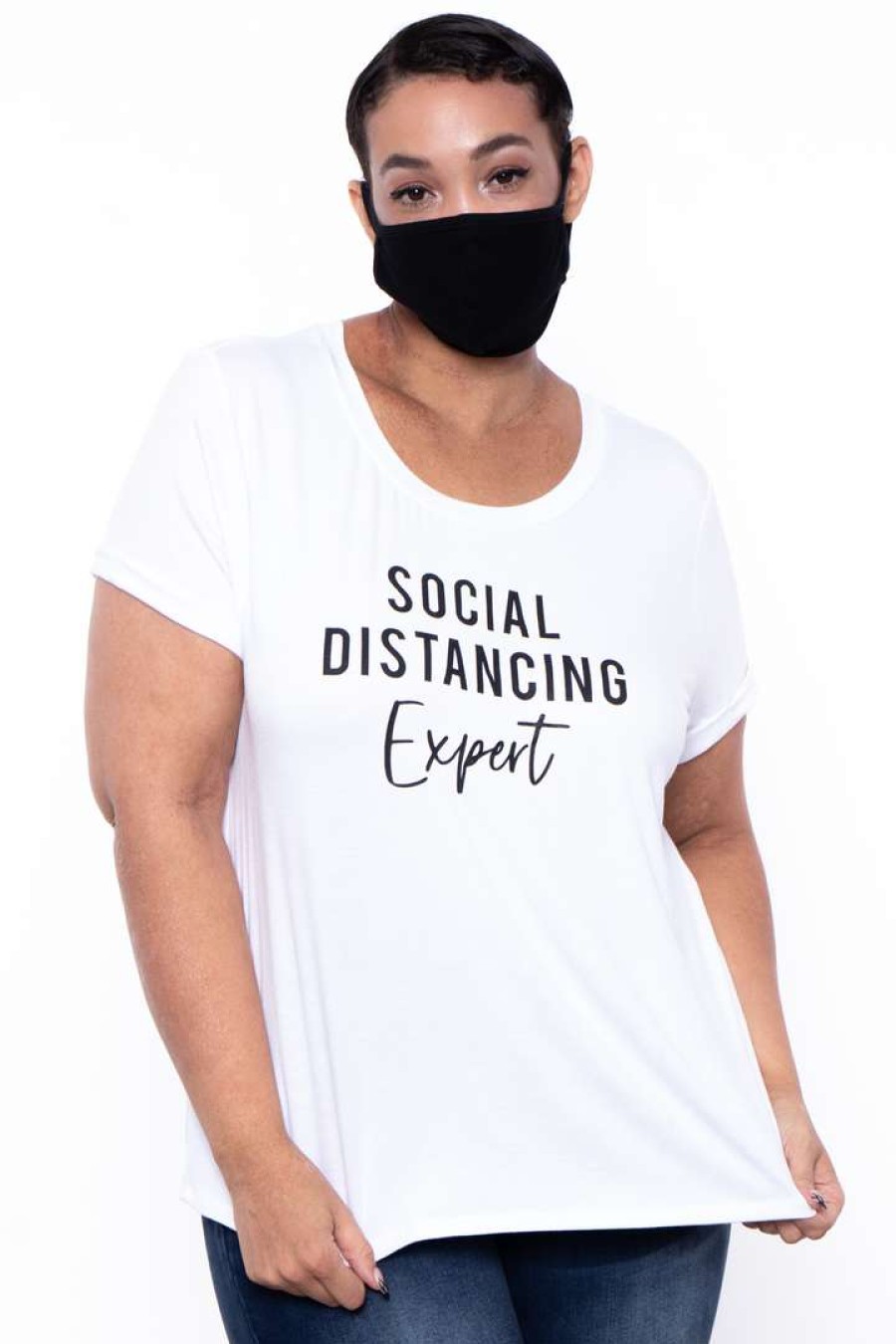 Sets * | Curvy Sense Plus Size Graphic "Social Distancing" Tee & Mask Set Matching Sets White