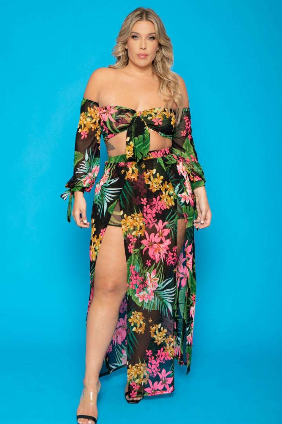 Sets * | Gibiu Plus Size Kiki Floral Matching Skirt Set New Arrivals Black