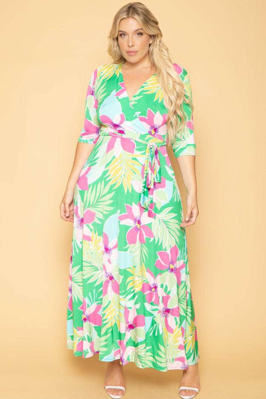 Dresses * | Solid Plus Size Kia Tropical Floral Maxi Dress Green