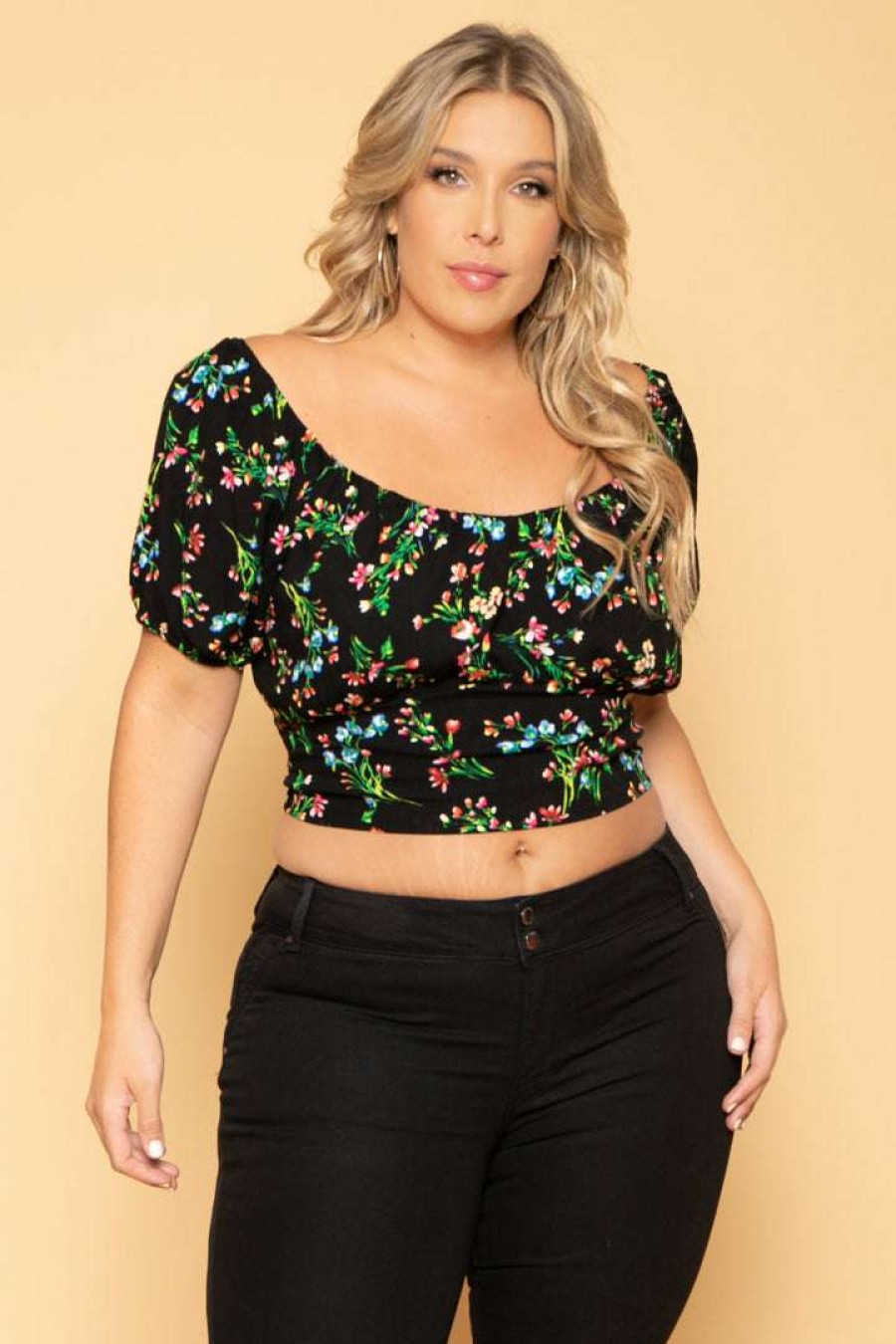 Tops * | Ambiance Plus Size Cassia Floral Top Black