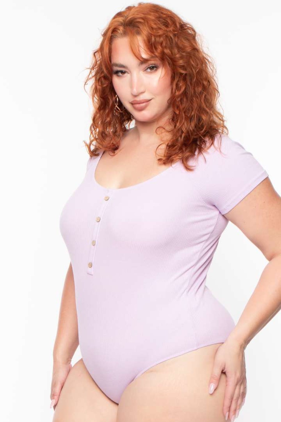 Tops * | Ambiance Tops Plus Size Button Rib Bodysuit Lavender