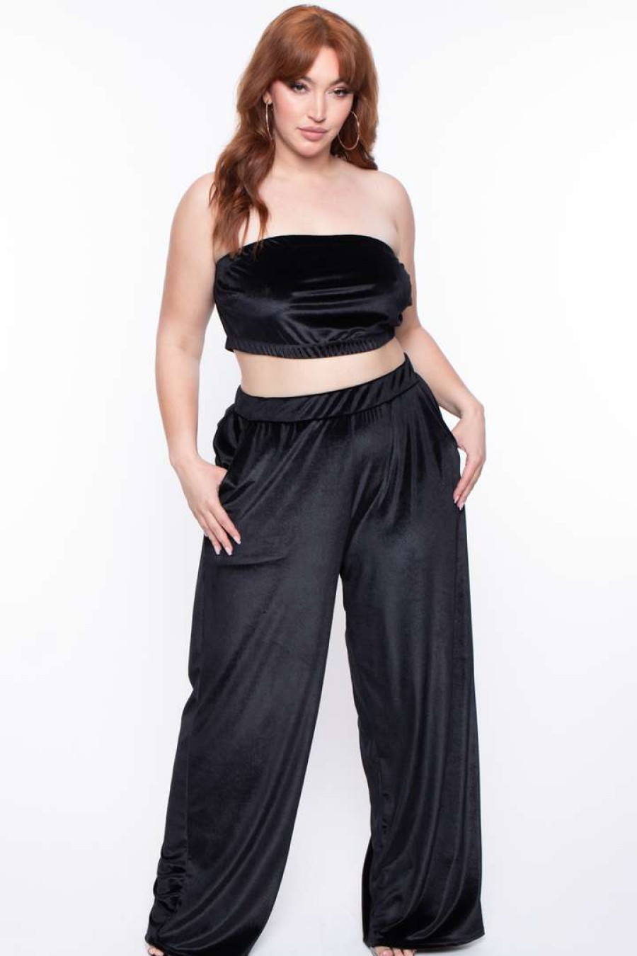 Sets * | Curvy Sense Plus Size Eloise Velour Bandeau & Pant Set Matching Sets Black