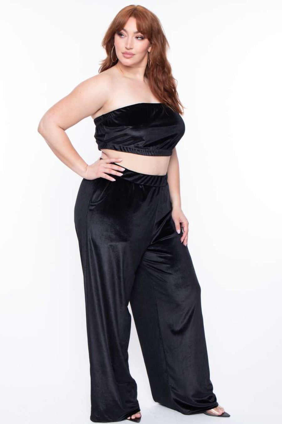 Sets * | Curvy Sense Plus Size Eloise Velour Bandeau & Pant Set Matching Sets Black