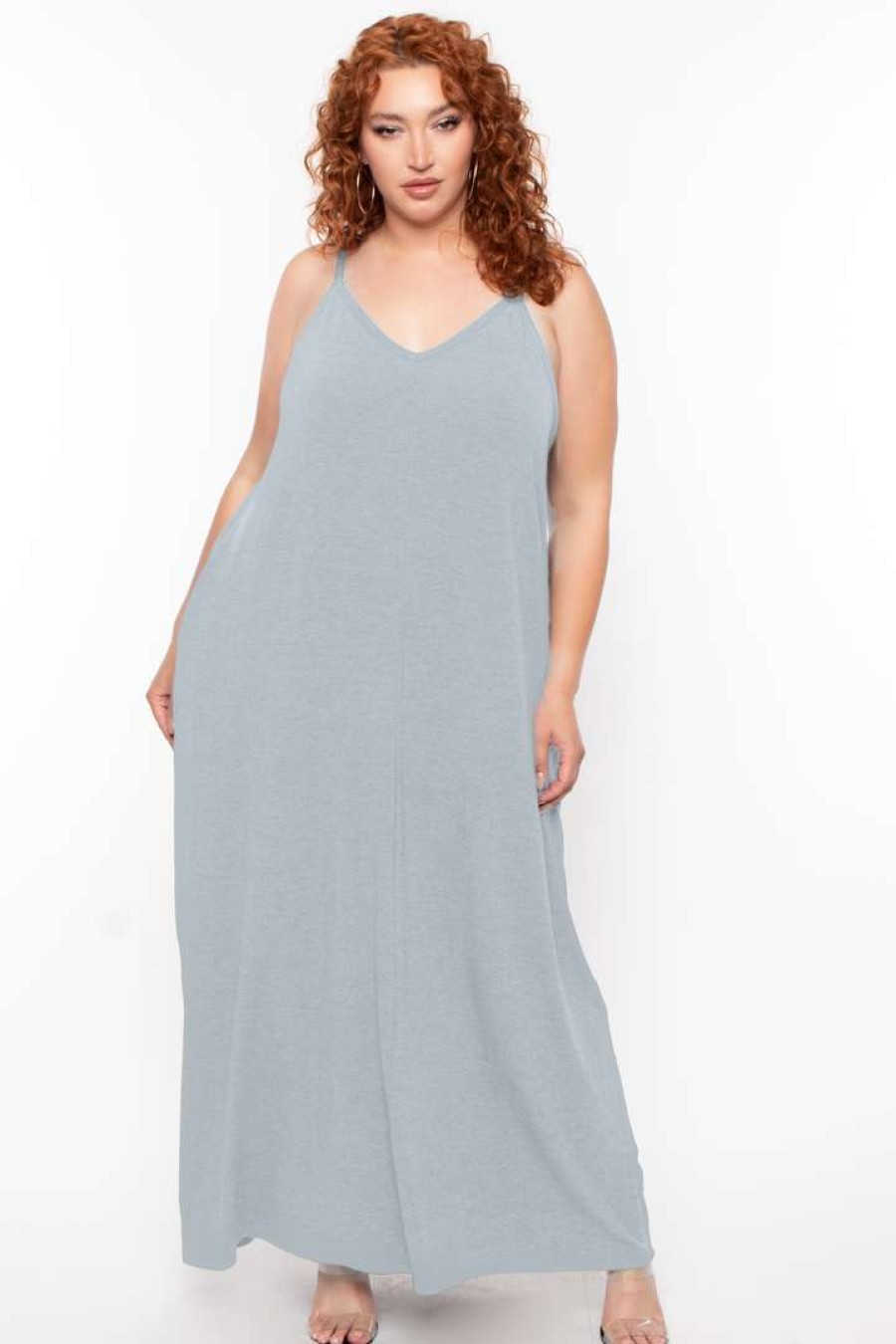 Dresses * | Zenana Dresses Plus Size Cami Strap Maxi Dress Light Grey