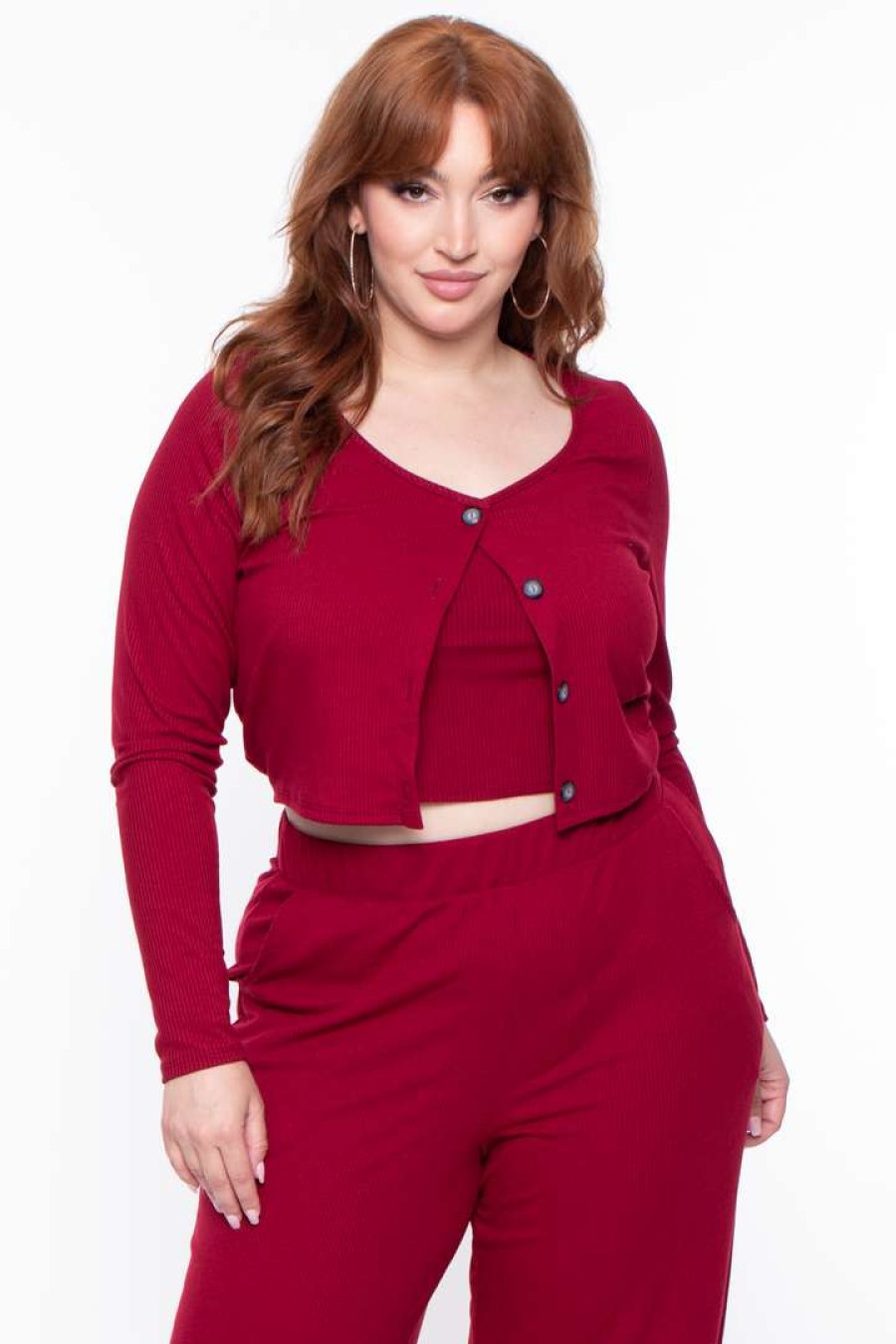 Sets * | Curvy Sense Plus Size Essential Ribbed Button Front Top Essential Mix Burgundy