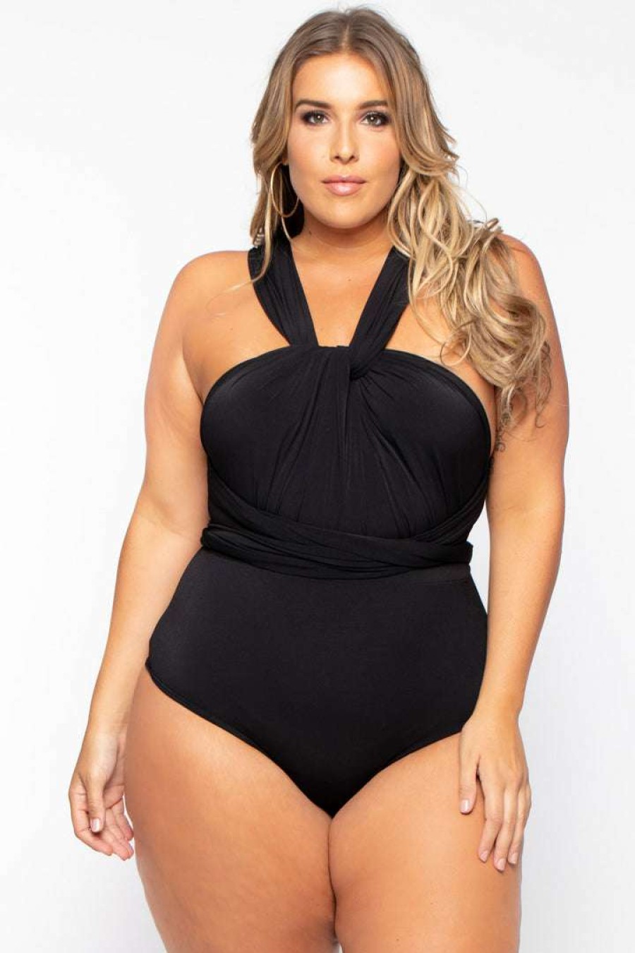 Tops * | Curvy Sense Plus Size Infinity Bodysuit Back In Stock Black