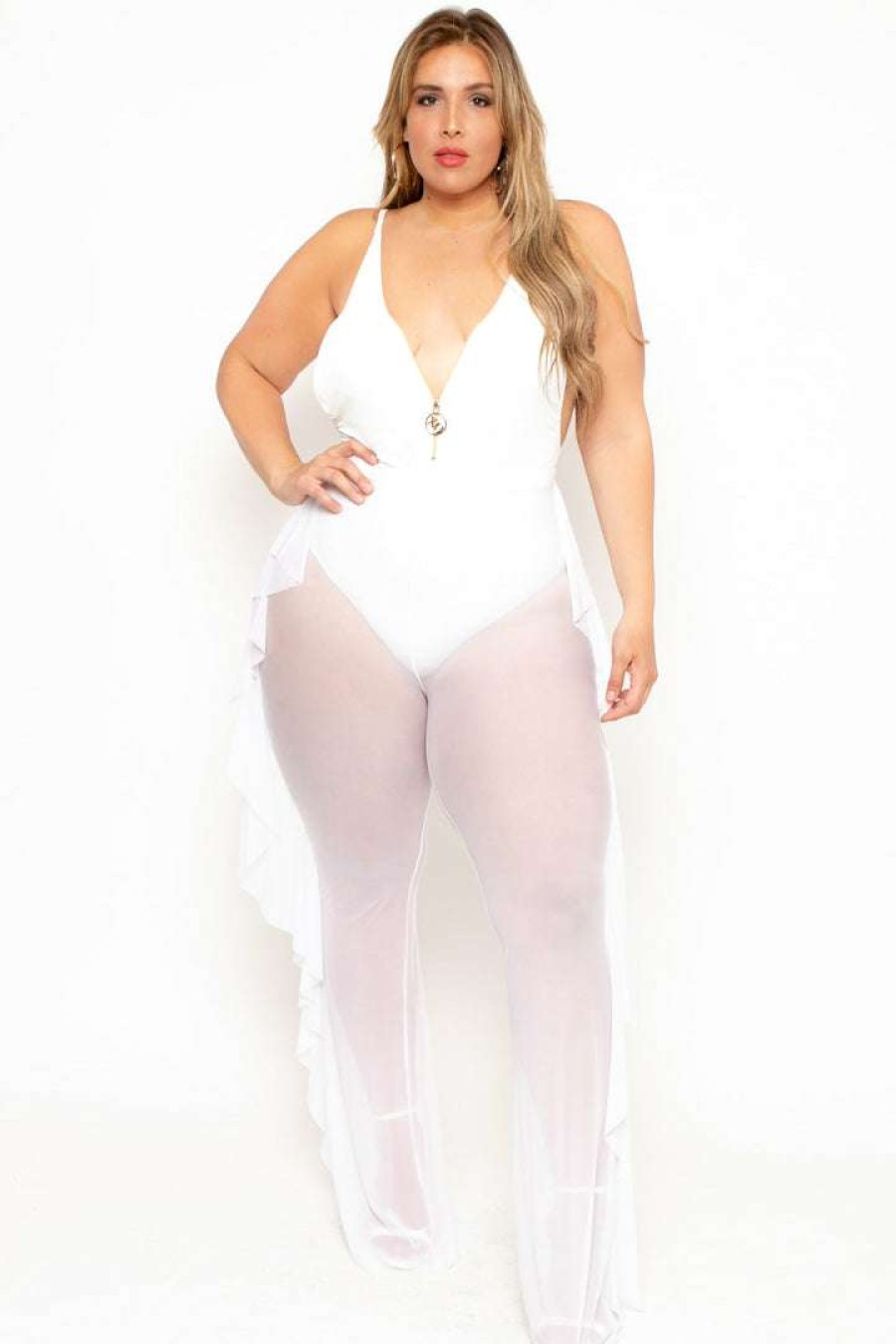 Bottoms * | Curvy Sense Plus Size Sheer Mesh Ruffle Pants Bottoms White