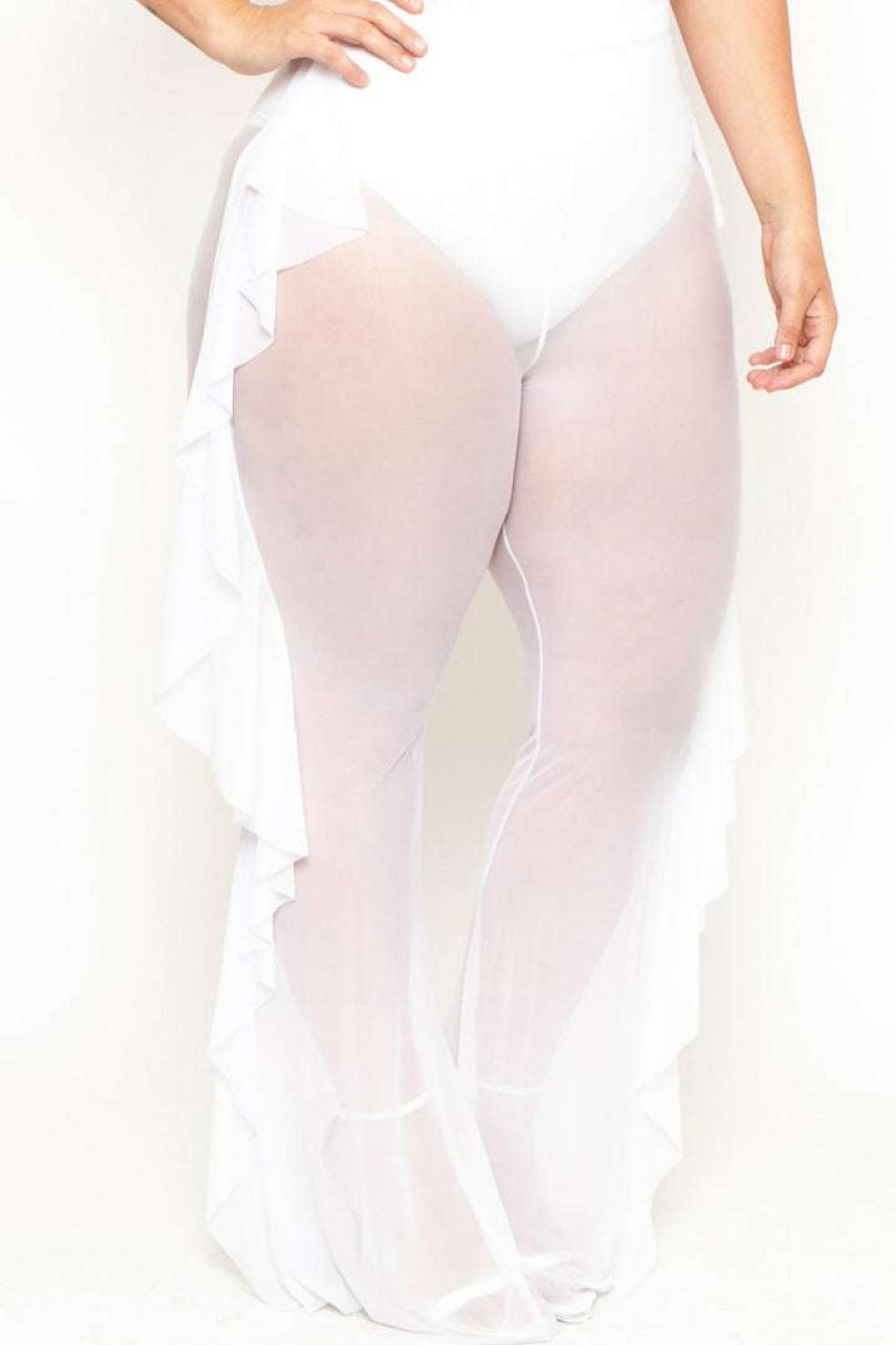 Bottoms * | Curvy Sense Plus Size Sheer Mesh Ruffle Pants Bottoms White