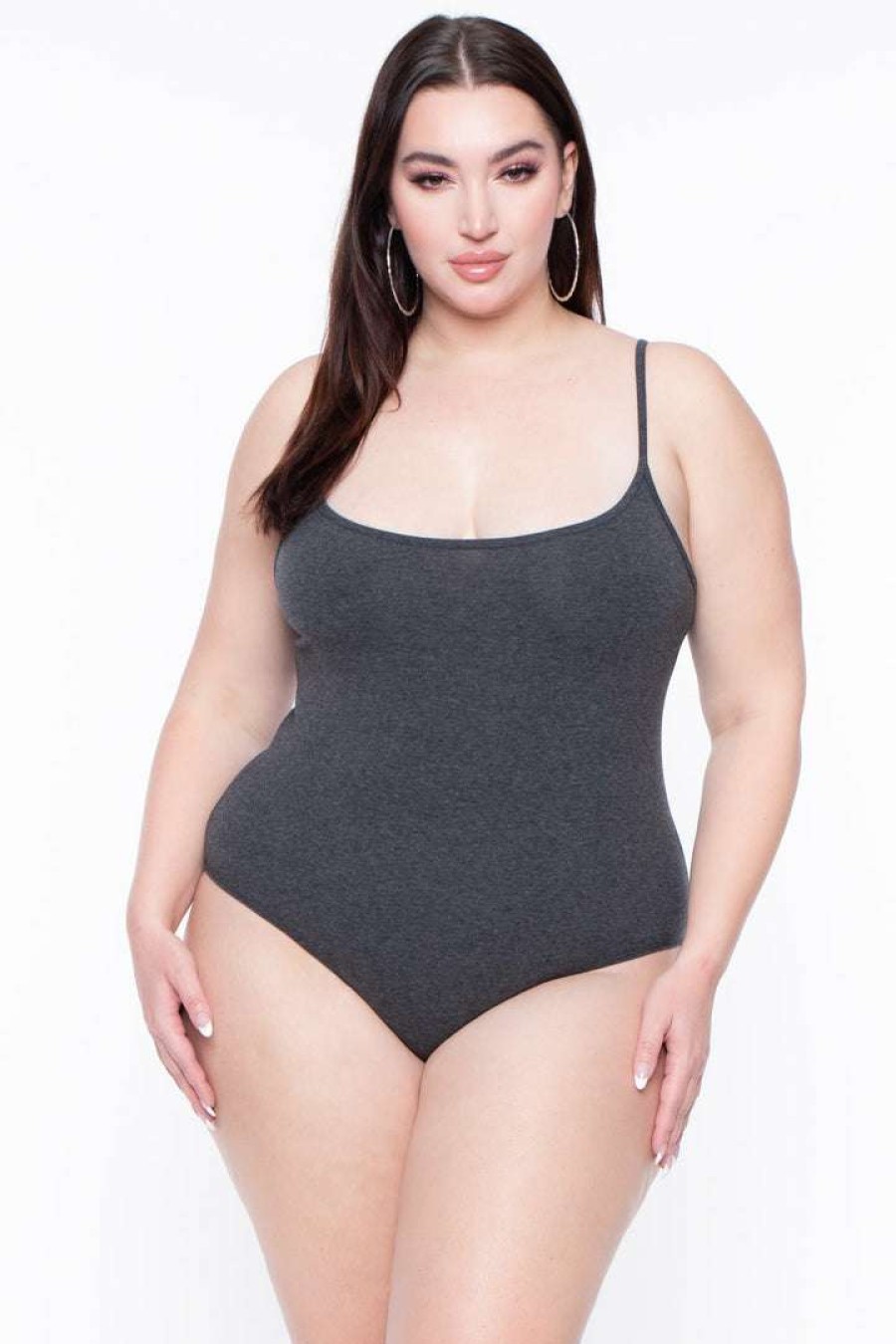 Tops * | Curvy Sense Plus Size Jersey Girl Bodysuit Tops Charcoal