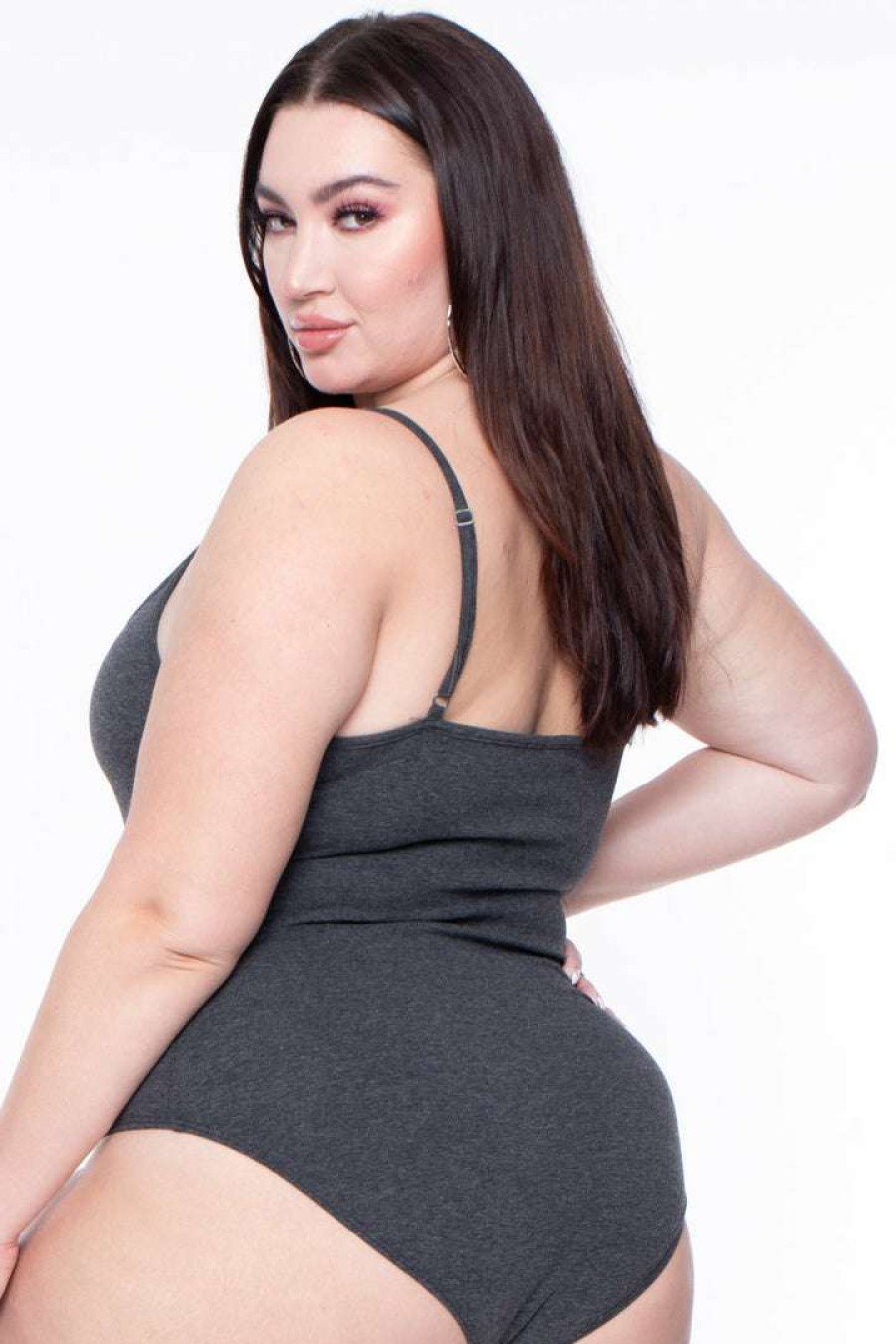 Tops * | Curvy Sense Plus Size Jersey Girl Bodysuit Tops Charcoal