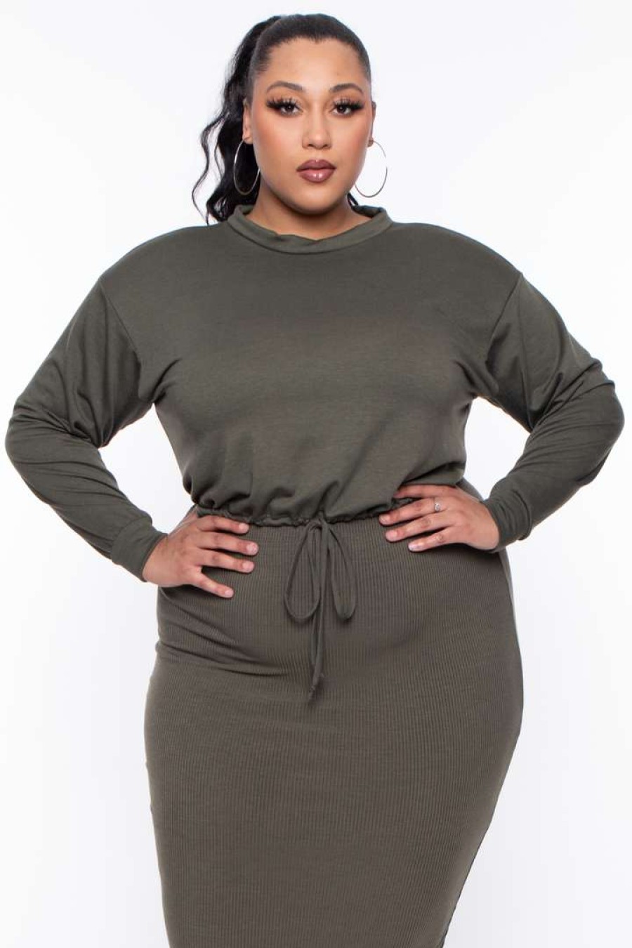 Sets * | Curvy Sense Essential Mix Plus Size Essential Cropped Pullover Sweatshirt Olive