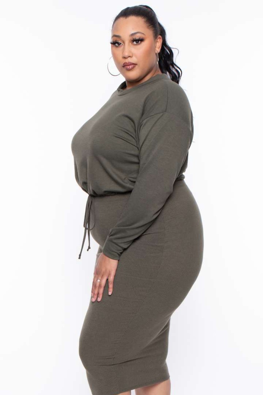 Sets * | Curvy Sense Essential Mix Plus Size Essential Cropped Pullover Sweatshirt Olive