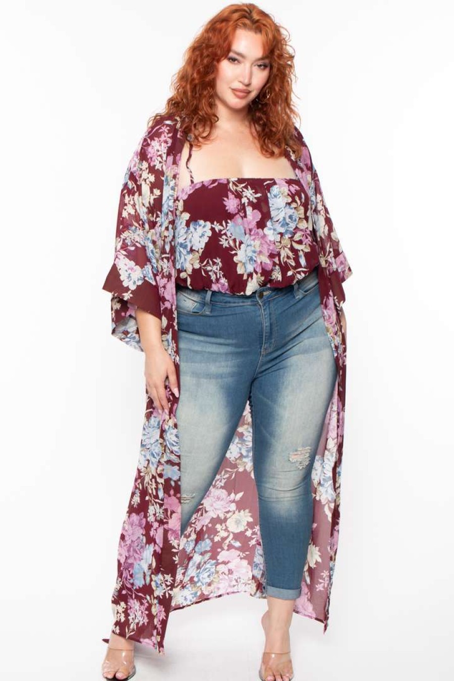 Tops * | Miss Avenue Tops Plus Size Floral Bodysuit And Kimono Set Plum